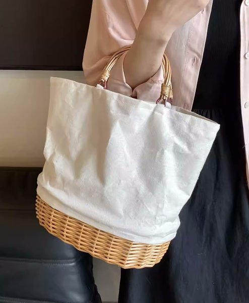 画像8: Rattan & Linen Splicing combination  tote bag basket bag　リネン＆ラタンコンビかご籠トートバッグ (8)