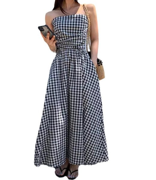 画像1: Women's Resort One Piece Gingham Check Bare Top Maxi Dress　リゾート ワンピ ギンガムチェック ベアトップマキシ丈 ドレス (1)
