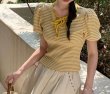 画像6: puff sleeves border ribbon knit T-shirt short-sleeved 　パフスリーブスボーダーリボンニット Tシャツショート丈半袖ブラウス Tシャツ (6)