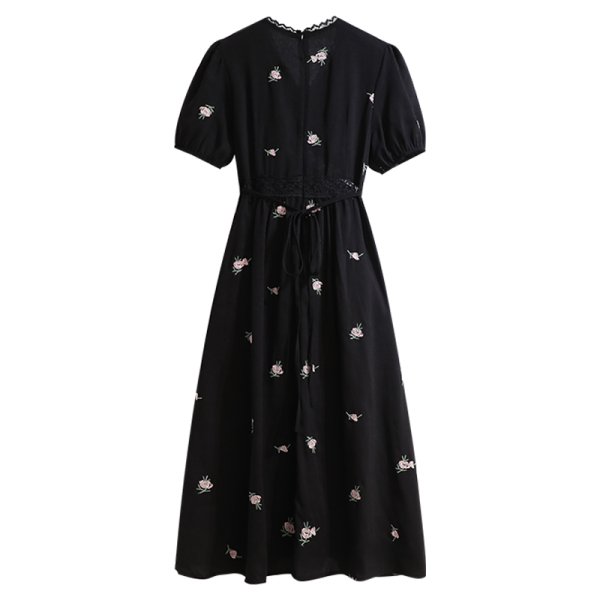 画像7: Women's french puff sleeve short sleeve Floral print mid-waist V-neck dress one piece　パフスリーブフローラルフレンチミドル丈ドレス ワンピース (7)