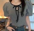 画像1: puff sleeves border ribbon knit T-shirt short-sleeved 　パフスリーブスボーダーリボンニット Tシャツショート丈半袖ブラウス Tシャツ (1)