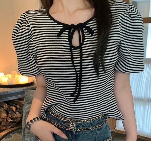 画像1: puff sleeves border ribbon knit T-shirt short-sleeved 　パフスリーブスボーダーリボンニット Tシャツショート丈半袖ブラウス Tシャツ (1)