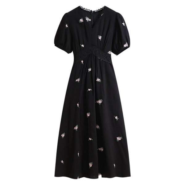 画像1: Women's french puff sleeve short sleeve Floral print mid-waist V-neck dress one piece　パフスリーブフローラルフレンチミドル丈ドレス ワンピース (1)