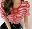 画像5: puff sleeves border ribbon knit T-shirt short-sleeved 　パフスリーブスボーダーリボンニット Tシャツショート丈半袖ブラウス Tシャツ (5)