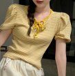 画像3: puff sleeves border ribbon knit T-shirt short-sleeved 　パフスリーブスボーダーリボンニット Tシャツショート丈半袖ブラウス Tシャツ (3)