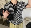 画像4: puff sleeves border ribbon knit T-shirt short-sleeved 　パフスリーブスボーダーリボンニット Tシャツショート丈半袖ブラウス Tシャツ (4)