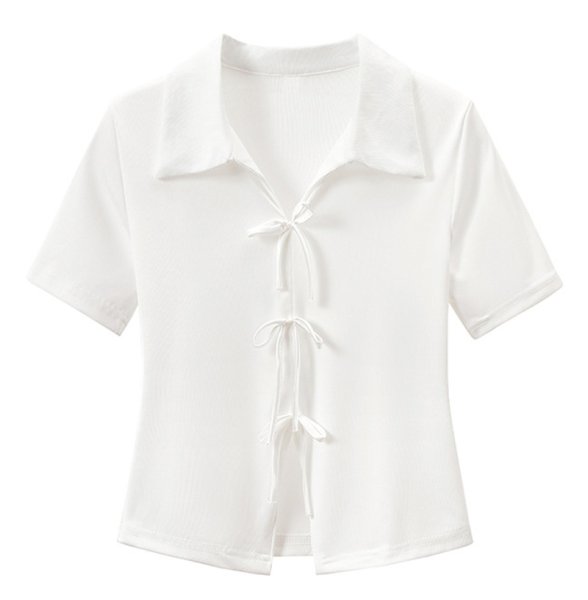 画像1: Polo bowtie high waist short blouse  short-sleeved T-shirt 　ポロボウタイハイウエストショート丈半袖ブラウス Tシャツ (1)