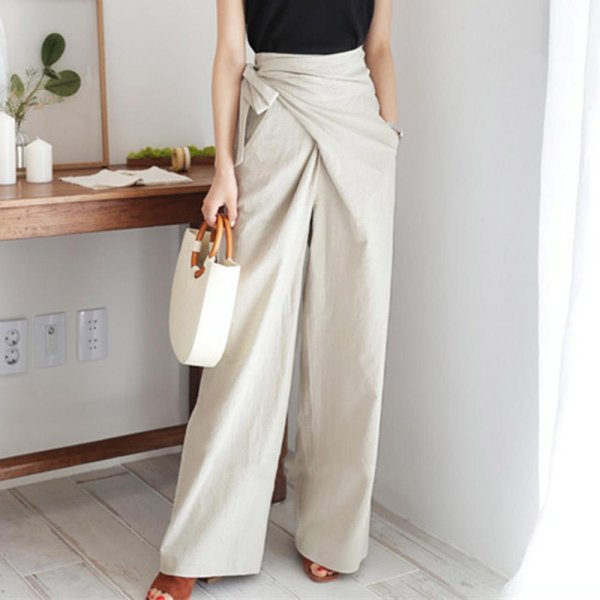 画像7: solid color high waist wide pants 　ハイウエストサイドリボン ワイド パンツ (7)