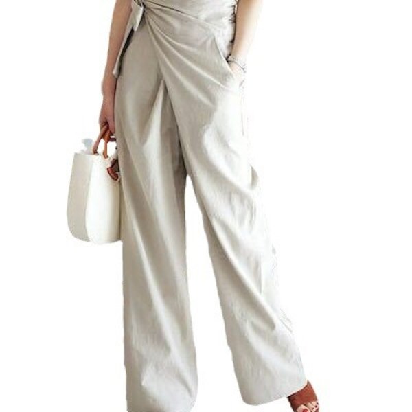 画像1: solid color high waist wide pants 　ハイウエストサイドリボン ワイド パンツ (1)