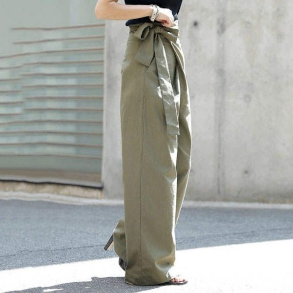 画像4: solid color high waist wide pants 　ハイウエストサイドリボン ワイド パンツ (4)