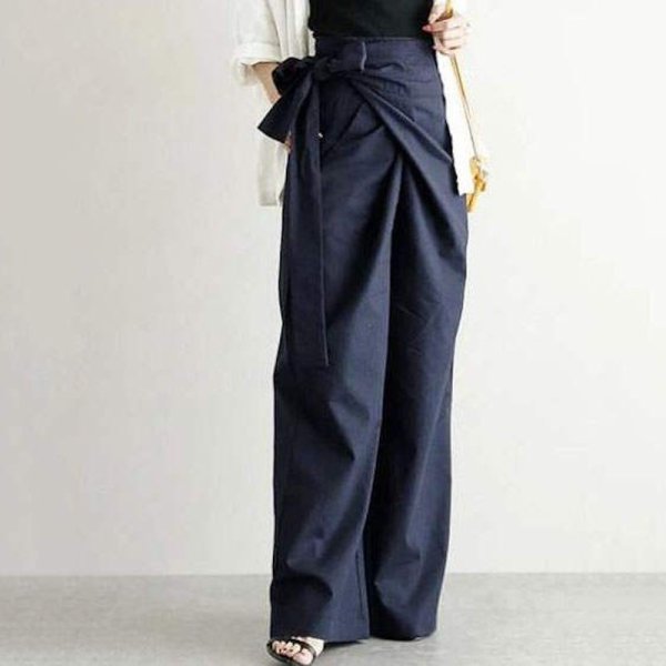 画像3: solid color high waist wide pants 　ハイウエストサイドリボン ワイド パンツ (3)