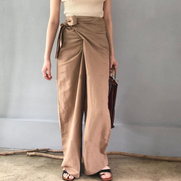 画像2: solid color high waist wide pants 　ハイウエストサイドリボン ワイド パンツ (2)
