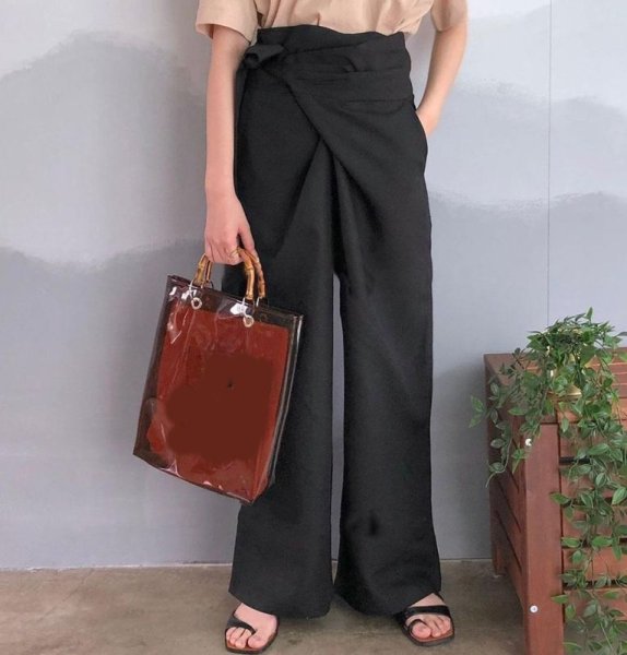 画像5: solid color high waist wide pants 　ハイウエストサイドリボン ワイド パンツ (5)