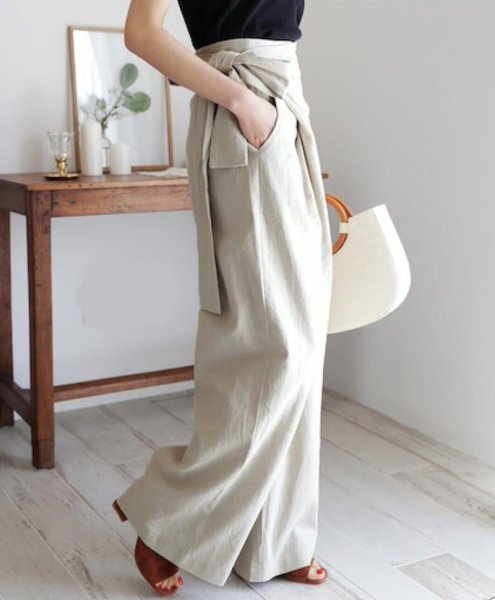 画像8: solid color high waist wide pants 　ハイウエストサイドリボン ワイド パンツ (8)