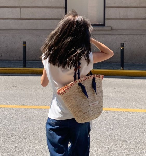 画像5: Original hand-woven French resort style contrast edge beaded rope shoulder strap tote shoulder  bag　フレンチコントラストエッジビーズロープかごバッグ籠トートショルダーバッグ (5)