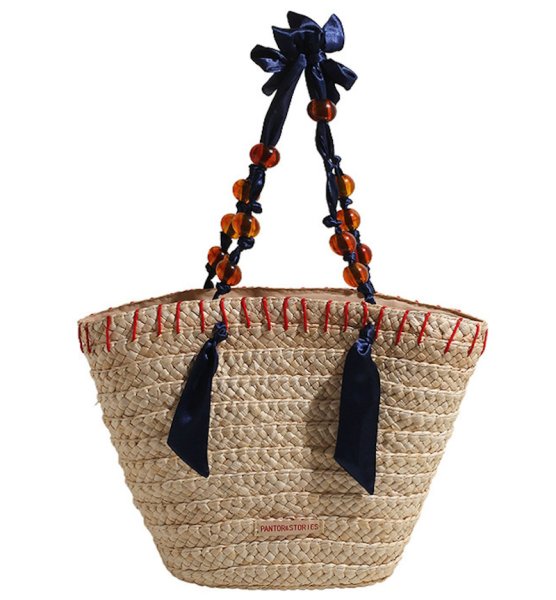 画像1: Original hand-woven French resort style contrast edge beaded rope shoulder strap tote shoulder  bag　フレンチコントラストエッジビーズロープかごバッグ籠トートショルダーバッグ (1)