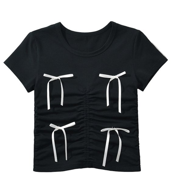 画像1: ribbon shirring short length t-shirt T-shirt short-sleeved 　リボンショーリング ショート丈半袖 Tシャツ (1)