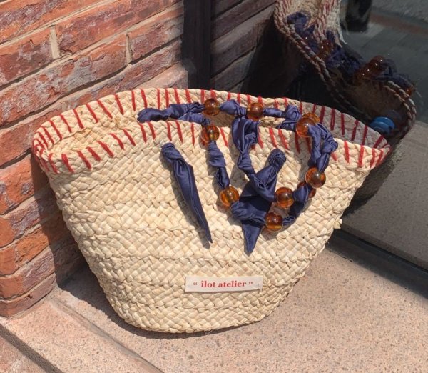 画像2: Original hand-woven French resort style contrast edge beaded rope shoulder strap tote shoulder  bag　フレンチコントラストエッジビーズロープかごバッグ籠トートショルダーバッグ (2)