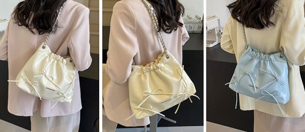 画像7: Leather Ribbon Pleated Cloud Bucket Crossbody Bag　レザーリボンプリーツクラウドバケットクロスボディバッグトートショルダー２WAYバッグ (7)