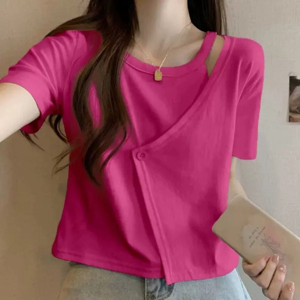 画像1: cardigan style shoulder hollow shirt tops short length t-shirt 　カーディガンスタイルショルダーホローシャツ半袖 Tシャツ (1)