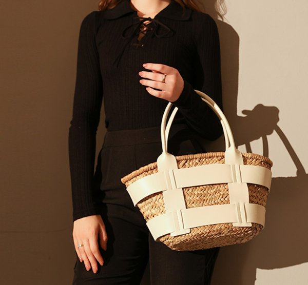 画像12: cowhide hand-held vegetable basket bag tote shoulder  bag　本革レザーハンドルかご籠トートショルダーバッグ (12)