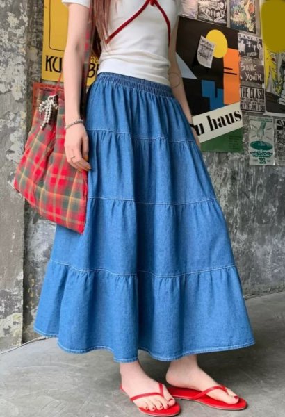 画像2: Women's  Denim waist free A-line Switchable long skirt　デニム切り替えAラインロングミディアムスカート (2)