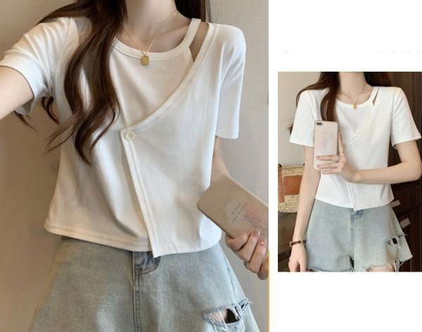 画像5: cardigan style shoulder hollow shirt tops short length t-shirt 　カーディガンスタイルショルダーホローシャツ半袖 Tシャツ (5)