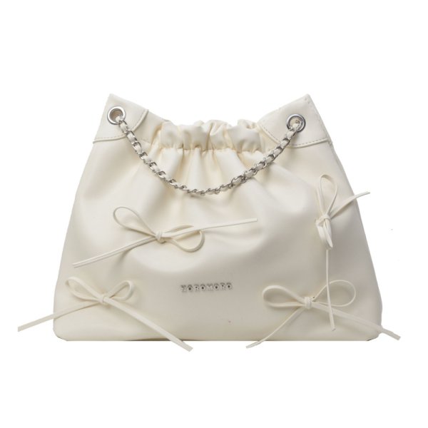 画像1: Leather Ribbon Pleated Cloud Bucket Crossbody Bag　レザーリボンプリーツクラウドバケットクロスボディバッグトートショルダー２WAYバッグ (1)