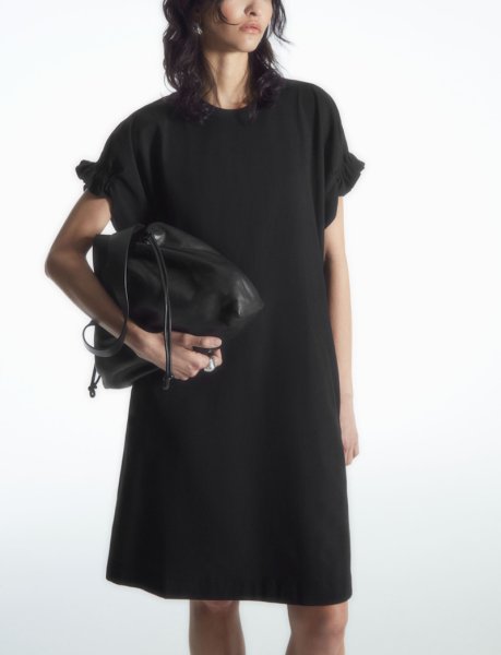 画像1: Women's ruched sleeve basic round neck one piece dress　パフシャーリングスリーブベーシックフレンチミドル丈ドレス ワンピース (1)