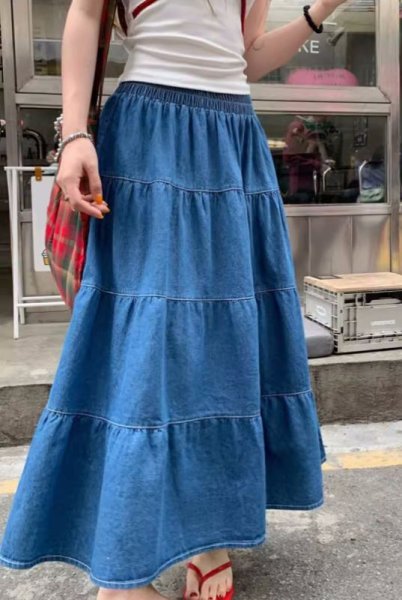 画像3: Women's  Denim waist free A-line Switchable long skirt　デニム切り替えAラインロングミディアムスカート (3)