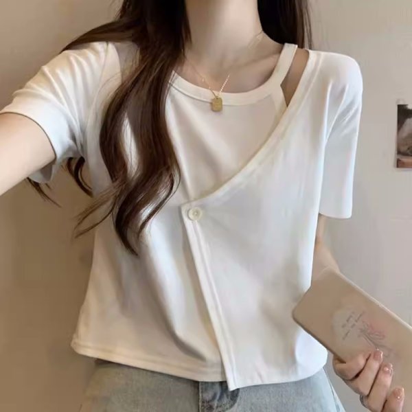 画像2: cardigan style shoulder hollow shirt tops short length t-shirt 　カーディガンスタイルショルダーホローシャツ半袖 Tシャツ (2)