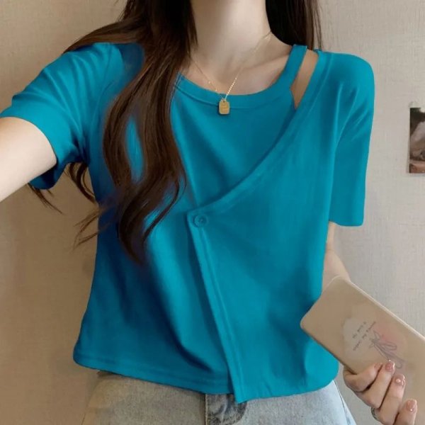 画像4: cardigan style shoulder hollow shirt tops short length t-shirt 　カーディガンスタイルショルダーホローシャツ半袖 Tシャツ (4)