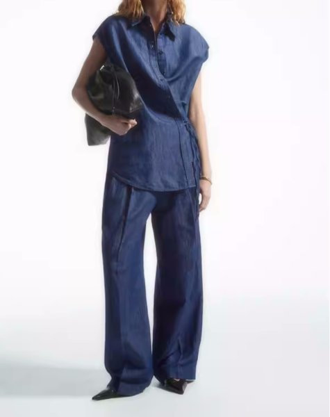 画像3: Women's wrap cap sleeve denim  shirt blouse T-shirt　ラップ キャップ スリーブ  デニム シャツTシャツ ブラウス (3)