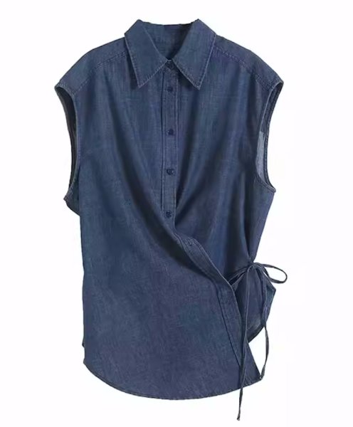 画像4: Women's wrap cap sleeve denim  shirt blouse T-shirt　ラップ キャップ スリーブ  デニム シャツTシャツ ブラウス (4)