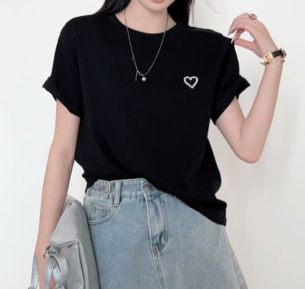 画像4: One point pearl heartT-shirt short-sleeved 　ワンポイントパールハート半袖 Tシャツ (4)