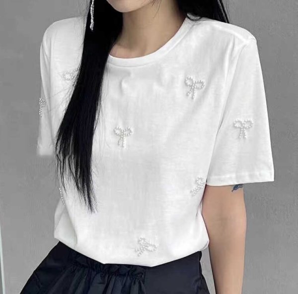 画像3: pearl ribbon T-shirt short-sleeved 　パールリボン付きラウンドネック半袖 Tシャツ (3)