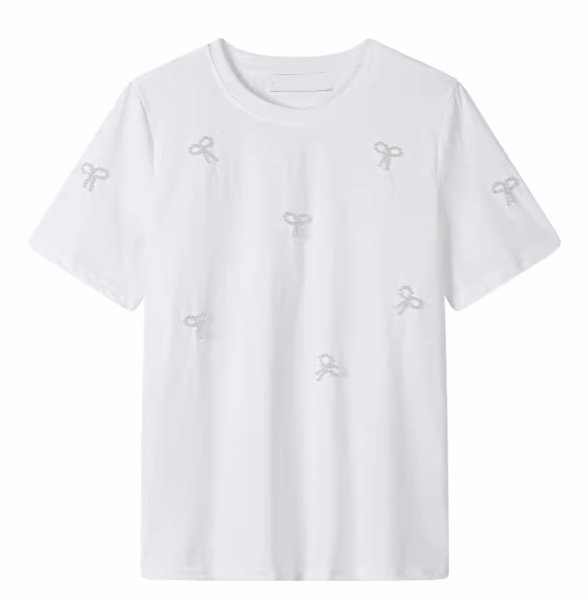 画像1: pearl ribbon T-shirt short-sleeved 　パールリボン付きラウンドネック半袖 Tシャツ (1)