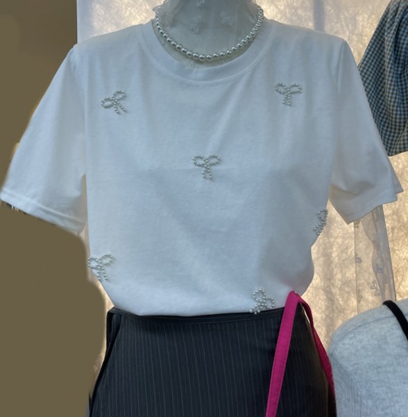 画像4: pearl ribbon T-shirt short-sleeved 　パールリボン付きラウンドネック半袖 Tシャツ (4)
