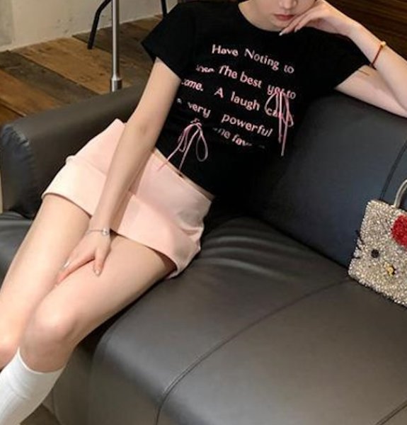 画像3: Letter print & ribbon slim crop top T-shirt short-sleeved 　レタープリント＆リボンラウンドネックショート丈半袖 Tシャツ (3)