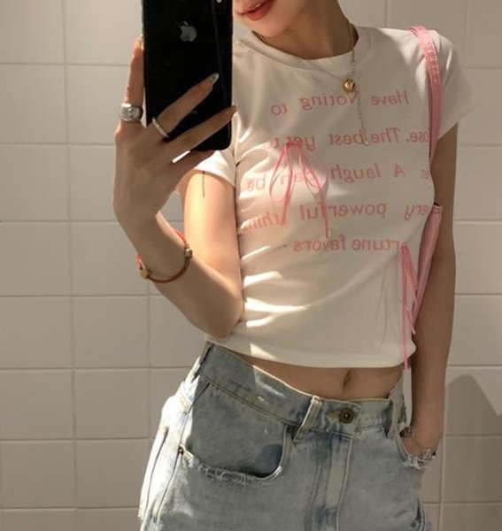 画像4: Letter print & ribbon slim crop top T-shirt short-sleeved 　レタープリント＆リボンラウンドネックショート丈半袖 Tシャツ (4)