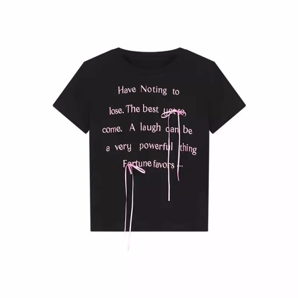 画像1: Letter print & ribbon slim crop top T-shirt short-sleeved 　レタープリント＆リボンラウンドネックショート丈半袖 Tシャツ (1)