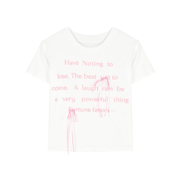 画像2: Letter print & ribbon slim crop top T-shirt short-sleeved 　レタープリント＆リボンラウンドネックショート丈半袖 Tシャツ (2)