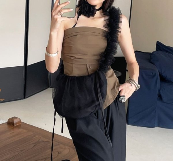 画像5: Ruffle pleated drawstring messenger bag Underarm tote shoulder bag　フリルプリーツ巾着メッセンジャー アンダーアームトートショルダーバッグ (5)