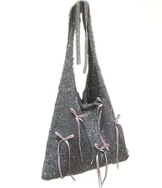 画像1: Shiny silver pink ribbon shoulder tote bag　シャイニーシルバーピンクのリボン ショルダートートバッグ (1)
