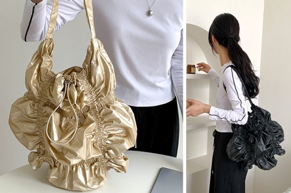 画像7: Pleated drawstring elastic large capacity single shoulder cloud bag tote bag　ショルダーユニセックスプリーツクラウド巾着ショルダートートバッグ (7)