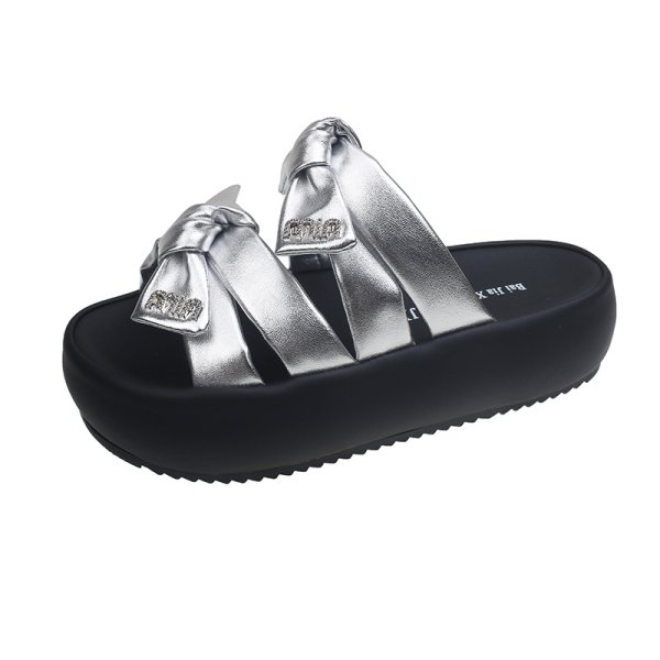 画像1: Women's Bowknot Rhinestone Slippers, Beach Sandals ユニセックス厚底プラットフォームラインストーン&リボンサンダルスリッパ (1)