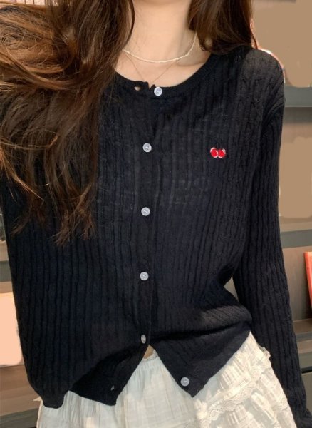 画像6: Women's Cherry embroidery sunscreen cardigan knit　チェリー刺繍薄手クールネックカーディガン (6)