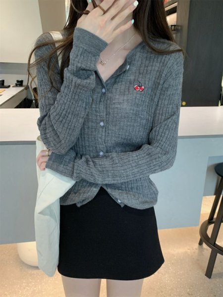 画像7: Women's Cherry embroidery sunscreen cardigan knit　チェリー刺繍薄手クールネックカーディガン (7)
