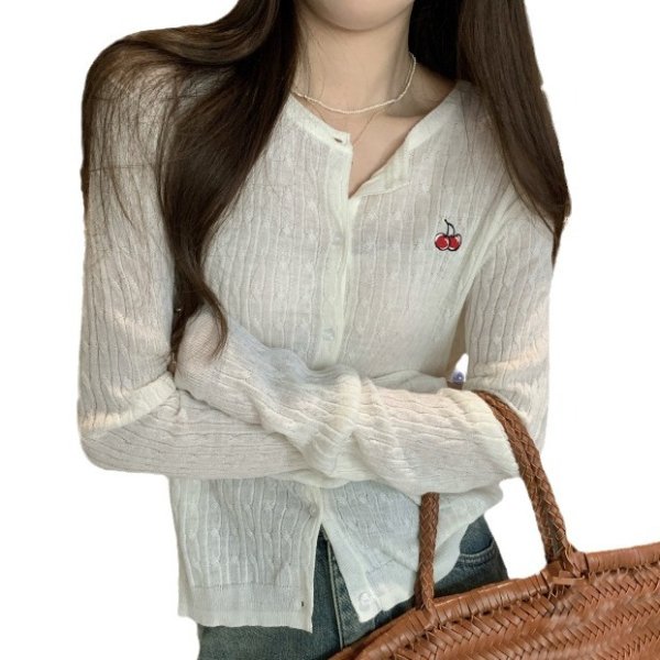 画像8: Women's Cherry embroidery sunscreen cardigan knit　チェリー刺繍薄手クールネックカーディガン (8)