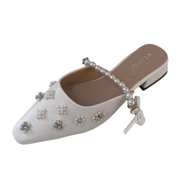 画像11: Low heel leather pearl strap & pearl flower French evening toe cap half pumps Slippers レザーローヒールパールフラワー＆パールストラップハーフパンプス ミュール　サンダルスリッパ (11)